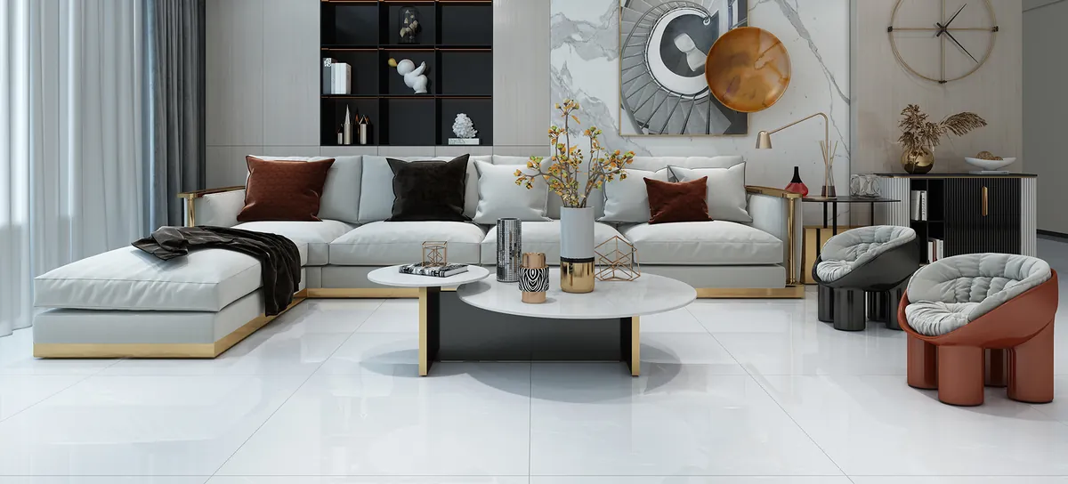 Ambiente com o Porcelanato Mont Blanc 90x90 Polido aplicado no piso (imagem do fabricante)
