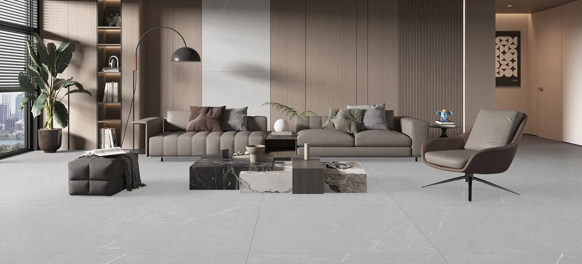 Ambiente com o Porcelanato Venato Argenta 120x120 Polido aplicado no piso (imagem do fabricante)