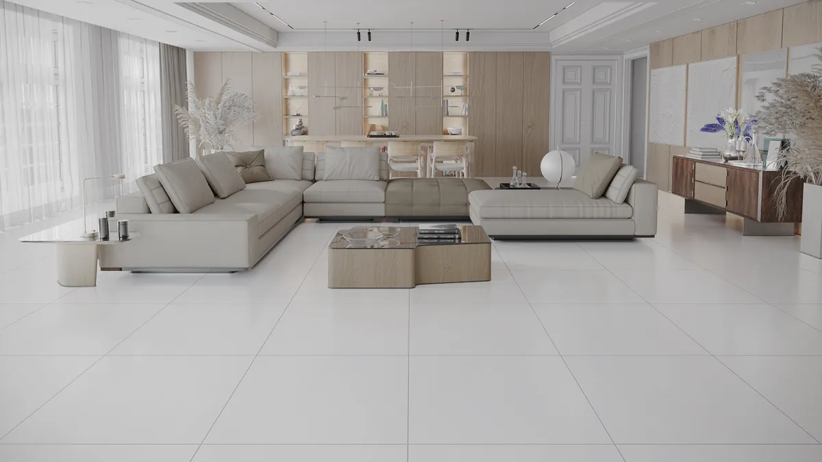 Sala de estar com o Porcelanato Cinza Real 72x72 Acetinado aplicado no piso (ambiente do fabricante)